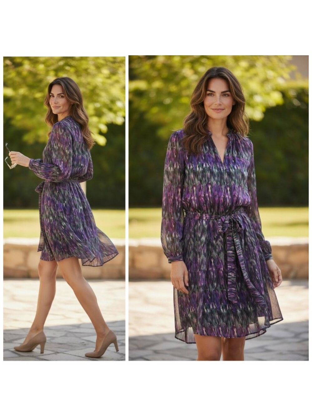 RED Saks Fifth Avenue Dress Small Purple Pink Abstract Ikat Tie Waist LS Lined